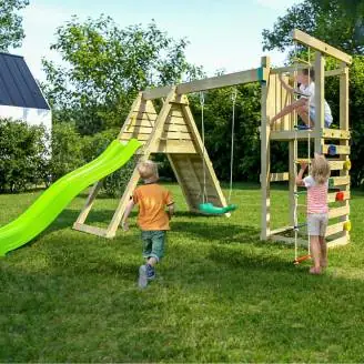 Juego de jardín de madera Fungoo Climber con escalada, tobogán y columpios