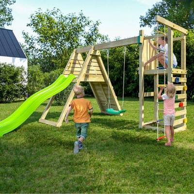 Juego de jardín de madera Fungoo Climber con escalada, tobogán y columpios