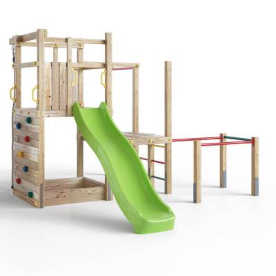 Parque infantil de madera Fungoo Climbing Star 4 con tobogán, arenero y estructura de escalada