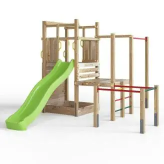 Parque infantil de madera Fungoo Climbing Star 4 con tobogán, arenero y estructura de escalada