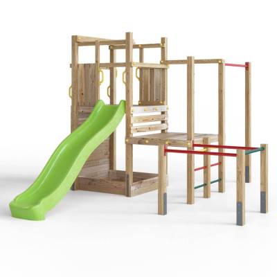 Parque infantil de madera Fungoo Climbing Star 4 con tobogán, arenero y estructura de escalada