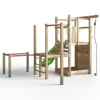 Parque infantil de madera Fungoo Climbing Star 4 con tobogán, arenero y estructura de escalada