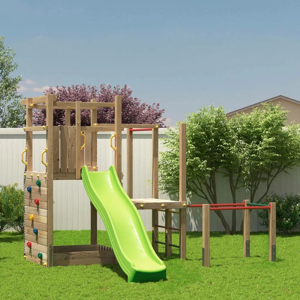 Parque infantil de madera Fungoo Climbing Star 4 con tobogán, arenero y estructura de escalada