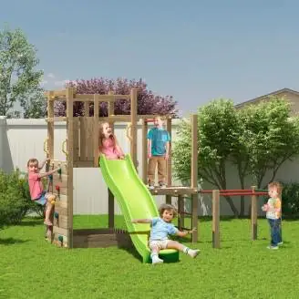 Parque infantil de madera Fungoo Climbing Star 4 con tobogán, arenero y estructura de escalada