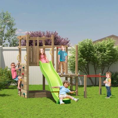 Parque infantil de madera Fungoo Climbing Star 4 con tobogán, arenero y estructura de escalada