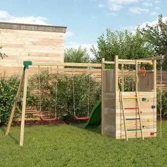 Parque infantil de madera Fungoo Houser con tobogán, dos columpios y una casita de juegos