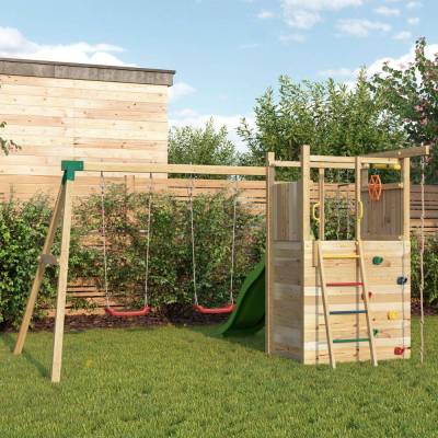Parque infantil de madera Fungoo Houser con tobogán, dos columpios y una casita de juegos