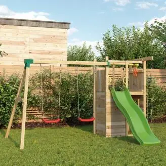 Parque infantil de madera Fungoo Houser con tobogán, dos columpios y una casita de juegos