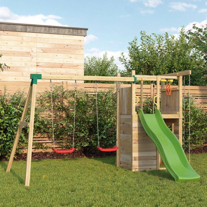 Parque infantil de madera Fungoo Houser con tobogán, dos columpios y una casita de juegos