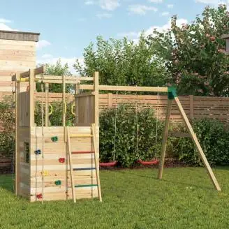 Parque infantil de madera Fungoo Houser con tobogán, dos columpios y una casita de juegos