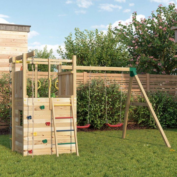Parque infantil de madera Fungoo Houser con tobogán, dos columpios y una casita de juegos