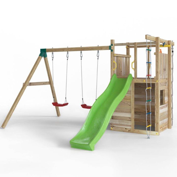 Parque infantil de madera Fungoo Houser con tobogán, dos columpios y una casita de juegos