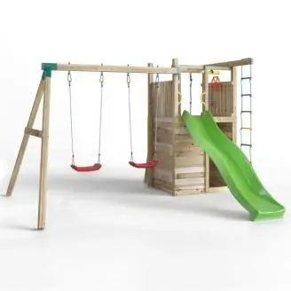 Parque infantil de madera Fungoo Houser con tobogán, dos columpios y una casita de juegos