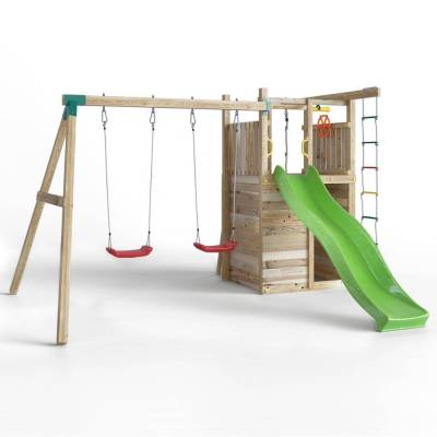 Parque infantil de madera Fungoo Houser con tobogán, dos columpios y una casita de juegos