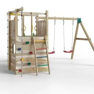 Parque infantil de madera Fungoo Houser con tobogán, dos columpios y una casita de juegos