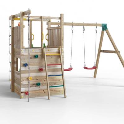 Parque infantil de madera Fungoo Houser con tobogán, dos columpios y una casita de juegos