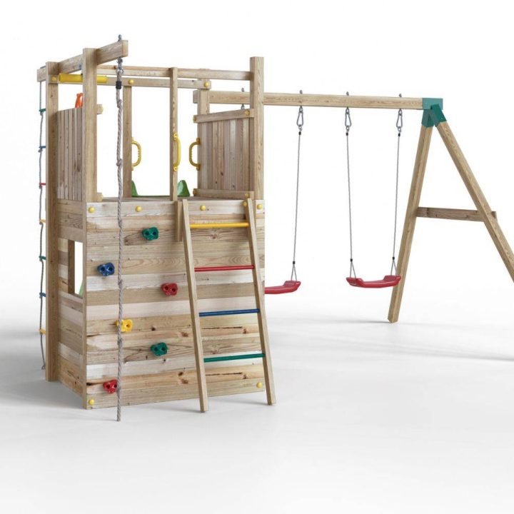 Parque infantil de madera Fungoo Houser con tobogán, dos columpios y una casita de juegos