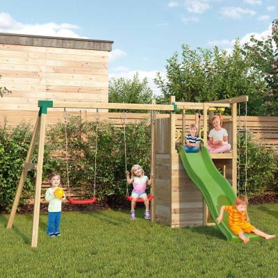 Parque infantil de madera Fungoo Houser con tobogán, dos columpios y una casita de juegos