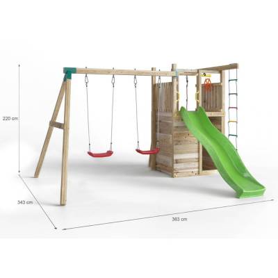 Parque infantil de madera Fungoo Houser con tobogán, dos columpios y una casita de juegos