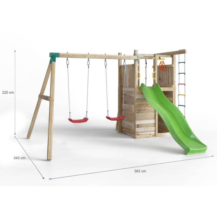 Parque infantil de madera Fungoo Houser con tobogán, dos columpios y una casita de juegos