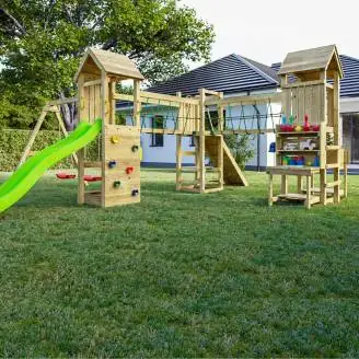 Parque infantil de madera Fungoo Optimizer con tobogán, columpios, estructura de escalada y cocina infantil