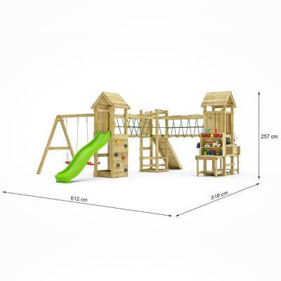 Parque infantil de madera Fungoo Optimizer con tobogán, columpios, estructura de escalada y cocina infantil