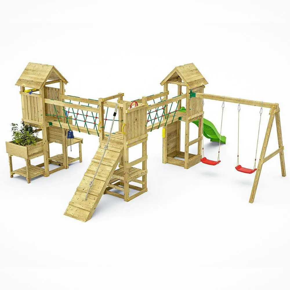Parque infantil de madera Fungoo Optimizer con tobogán, columpios, estructura de escalada y cocina infantil