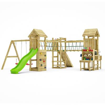 Parque infantil de madera Fungoo Optimizer con tobogán, columpios, estructura de escalada y cocina infantil