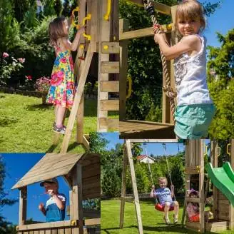 Casita de juegos de madera Fungoo Moonlight con tobogán y dos columpios