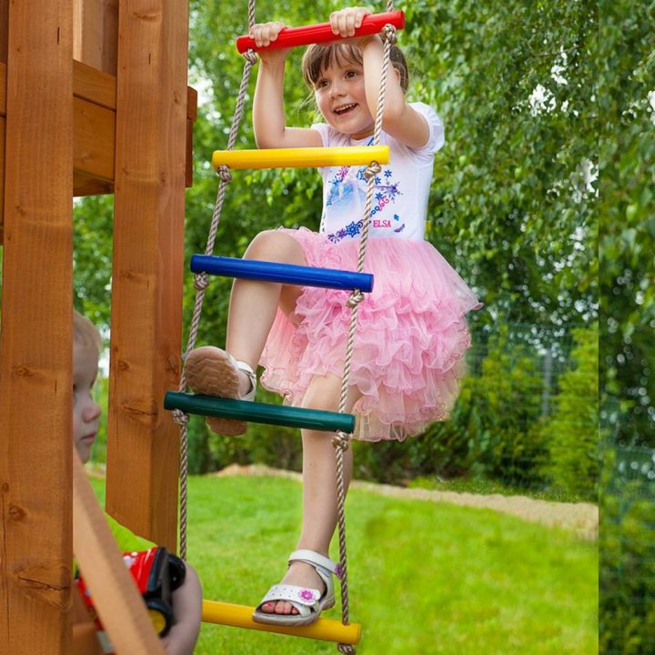 Parque infantil de madera Fungoo Houser con tobogán, dos columpios y una casita de juegos