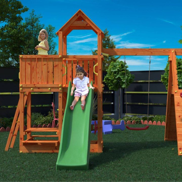 Parque infantil FLUPPI de Fungoo con arenero, estructura de escalada, mesa de picnic, columpio y tobogán