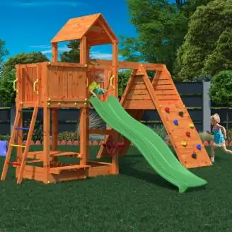 Parque infantil FLUPPI de Fungoo con arenero, estructura de escalada, mesa de picnic, columpio y tobogán
