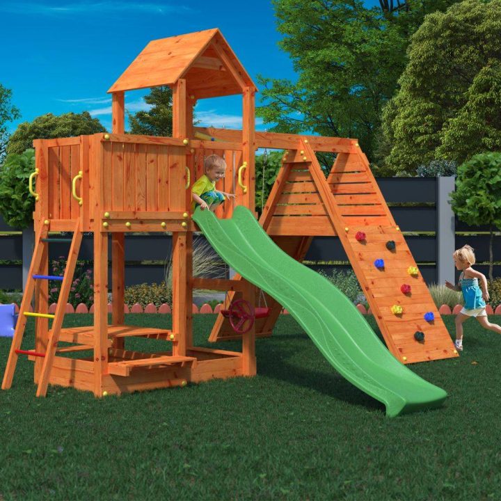 Parque infantil FLUPPI de Fungoo con arenero, estructura de escalada, mesa de picnic, columpio y tobogán