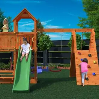 Parque infantil FLUPPI de Fungoo con arenero, estructura de escalada, mesa de picnic, columpio y tobogán