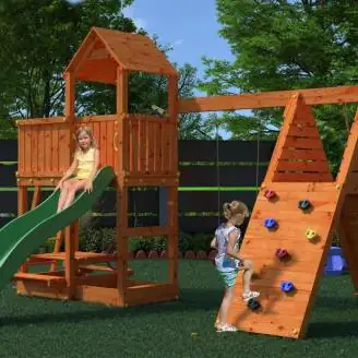 Parque infantil FLUPPI de Fungoo con arenero, estructura de escalada, mesa de picnic, columpio y tobogán