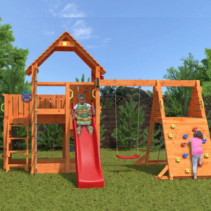 Casita de juegos Fungoo BIG LEADER SPIDER RED con dos columpios, tobogán y estructura de escalada