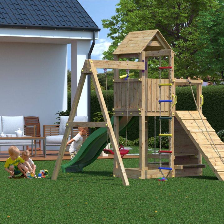 Fungoo ACTIVER KDI Casa de madera con tobogán, columpio y escalera