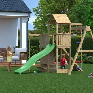 Fungoo ACTIVER KDI Casa de madera con tobogán, columpio y escalera