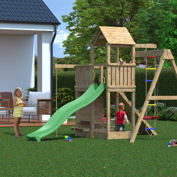 Fungoo ACTIVER KDI Casa de madera con tobogán, columpio y escalera