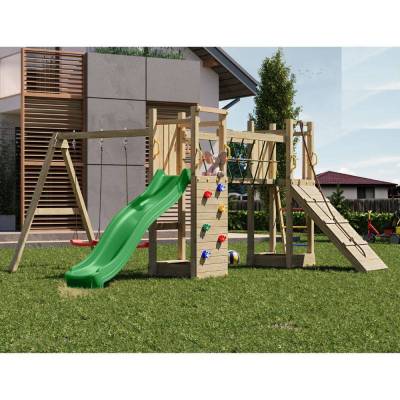 Parque infantil de madera Fungoo Maxi Exposure con tobogán, columpios, puente y estructura de escalada