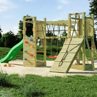 Parque infantil de madera Fungoo Maxi Exposure con tobogán, columpios, puente y estructura de escalada
