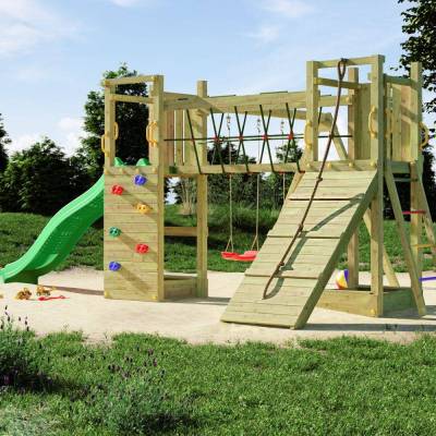 Parque infantil de madera Fungoo Maxi Exposure con tobogán, columpios, puente y estructura de escalada