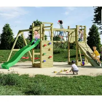 Parque infantil de madera Fungoo Maxi Exposure con tobogán, columpios, puente y estructura de escalada