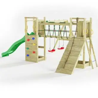 Parque infantil de madera Fungoo Maxi Exposure con tobogán, columpios, puente y estructura de escalada