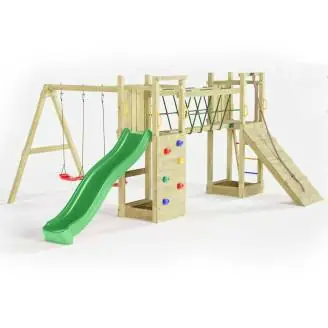 Parque infantil de madera Fungoo Maxi Exposure con tobogán, columpios, puente y estructura de escalada