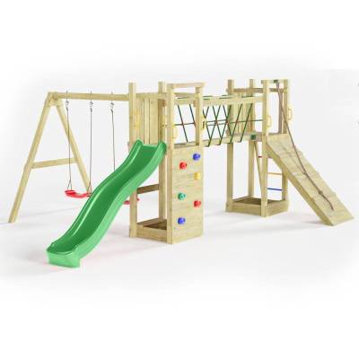 Parque infantil de madera Fungoo Maxi Exposure con tobogán, columpios, puente y estructura de escalada