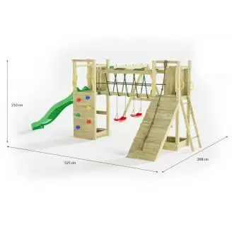 Parque infantil de madera Fungoo Maxi Exposure con tobogán, columpios, puente y estructura de escalada