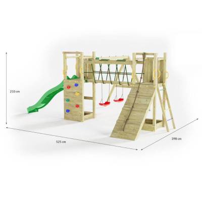 Parque infantil de madera Fungoo Maxi Exposure con tobogán, columpios, puente y estructura de escalada