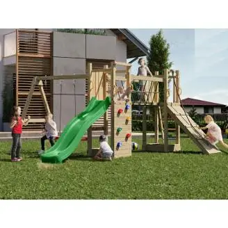 Parque infantil de madera Fungoo Maxi Exposure con tobogán, columpios, puente y estructura de escalada