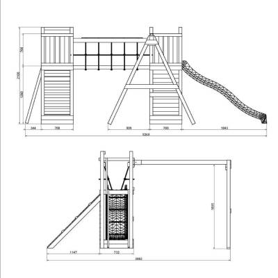 Parque infantil de madera Fungoo Maxi Exposure con tobogán, columpios, puente y estructura de escalada